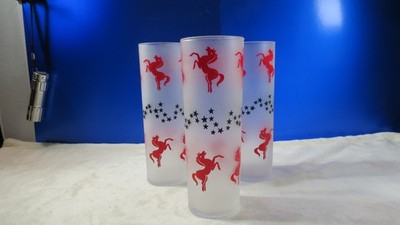 Vintage 1960's  Libbey Frosted Glasses w/Red Horses & Black Stars  Set Of 3