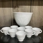 Vintage! Indiana Glass Pebble Leaf Milk Glass Pedestal Punch Bowl With 8 Cups