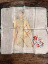 MAKE OFFER - WWII EraNude Pinup Lady Silk Hand Rolled Edges 10x10  Hankerchief
