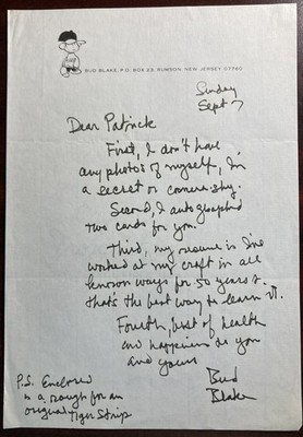 BUD BLAKE-Autograph Letter Signed-''TIGER'' Cartoonist-Illustrator
