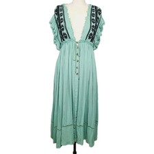Free People Will Wait For You Boho Embroidered Midi Dress Green Gauze Flowy XS