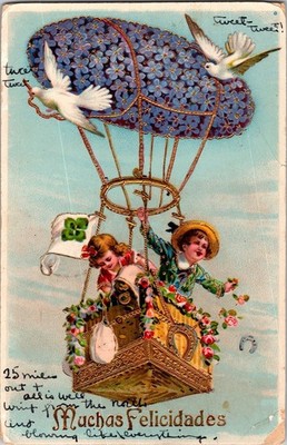 HWB IMPRINT 1932 Heißluftballon Relief Glück Kinder Postkarte Yuma AZ gestempelt