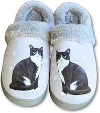 E S Pets Black/White Cat Snugg Slippers for Pet Lovers - Fuzzy Memory Foam, L/XL