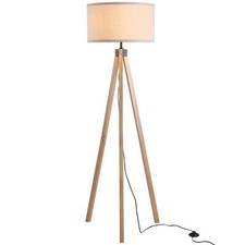 Image of HOMCOM Wood Tripod Floor Lamp Home Lighting Elegant E27 Bulb Linen Shade Beige
