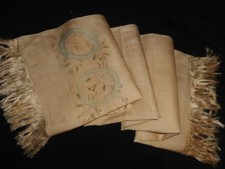 Vintage Asian Silk Scarf HandPainted Blue Beige  6 Sake Cups USA Seller