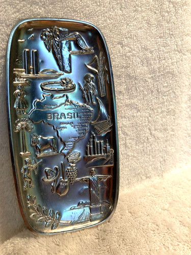 Pressed SIlver Metal Brasil Brazil Trinket Dish Souvenir 6 7/8" x 3 1/2"