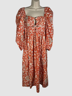 $590 Ulla Johnson Women's Orange Alessa Floral Balloon Sleeve Midi Dress Size 8