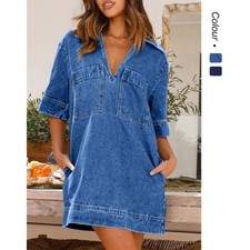 Denim lapel short-sleeved loose denim dress