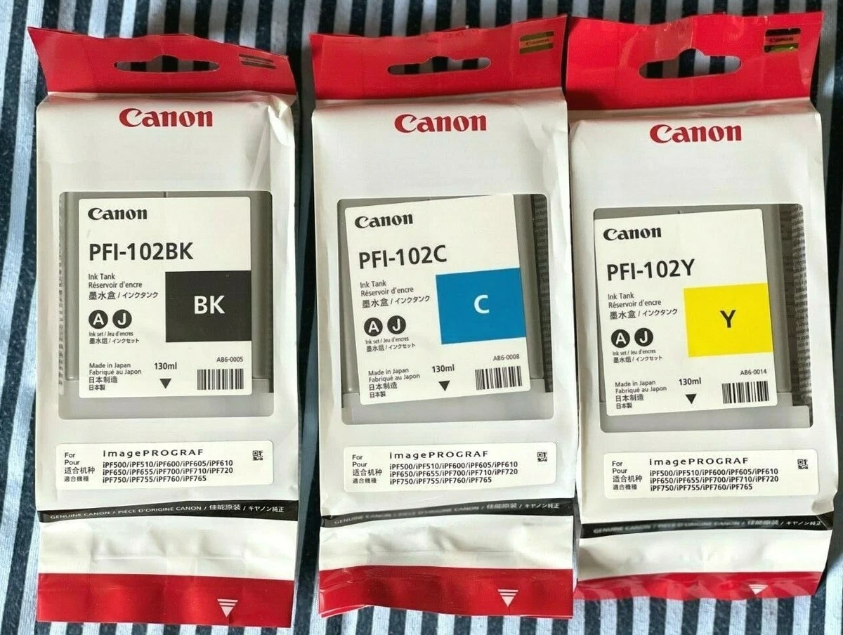 Genuine Original Canon PFI 102 Ink Cartridges in Black, Yellow Cyan, MBK