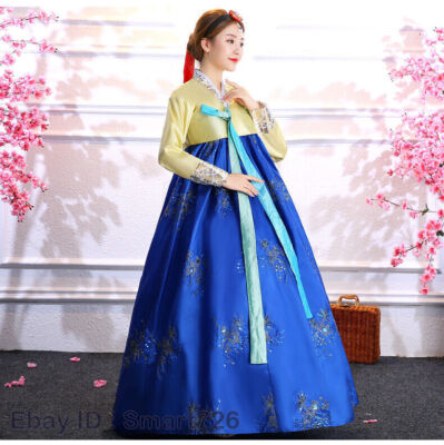 blue korean dress Hanbok Korean Style Traditional Dress Womens National Costume Kimono Yellow  Blue