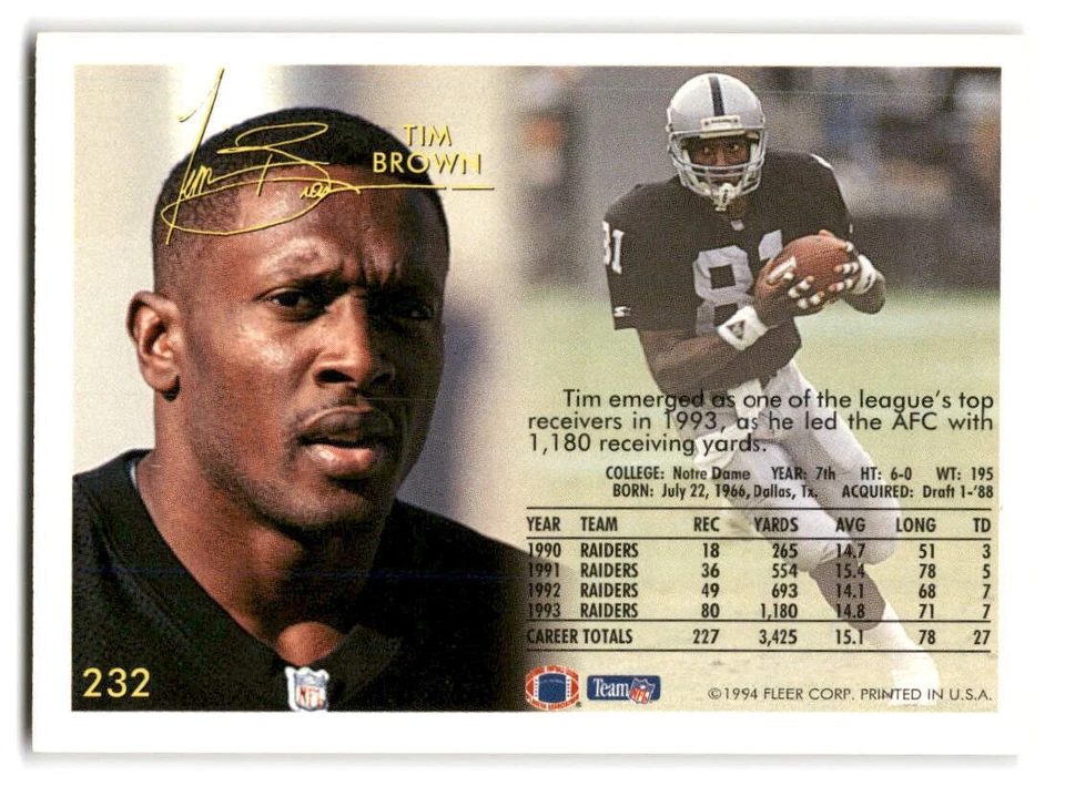Tim Brown 1994 Fleer FOOTBALL #232 Los Angeles Raiders - Image 2 of 2