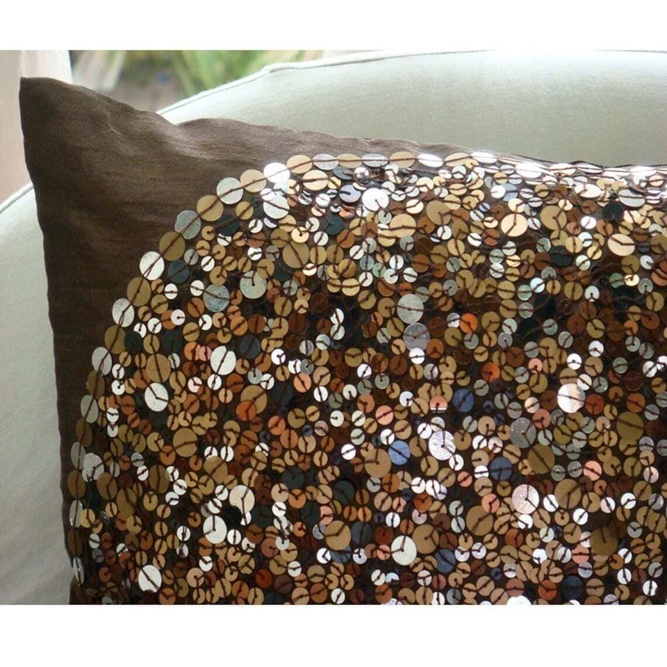 Throw Pillow Case Brown 16"x16", Square Silk Circles & Dots - Brown Eye Sparkle - Image 4 of 4