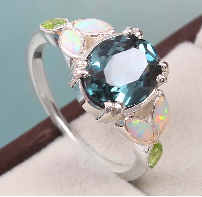 Oval Opal Alexandrite Silver Engagement Ring Band Gift-image