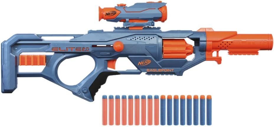 Hasbro Nerf Elite 2.0 Eaglepoint RD-8 Blaster -- Tambor de 8 dardos, mira desmontable a