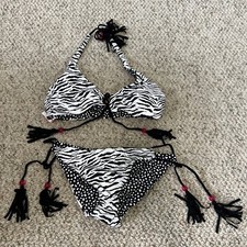 Victoria's Secret Pebble Dot Zebra Reversible Lace Up Halter Cheeky Bikini Set L