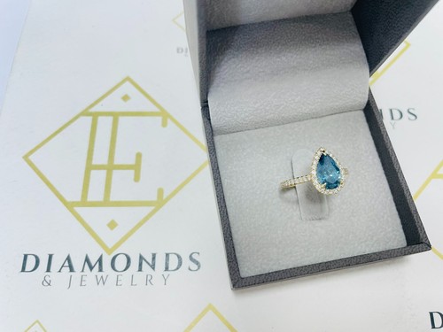 AIG Certified 1.86 Ct Natural Diamond Pear Cut Blue Color 14K Yellow Gold Ring - Picture 4 of 14