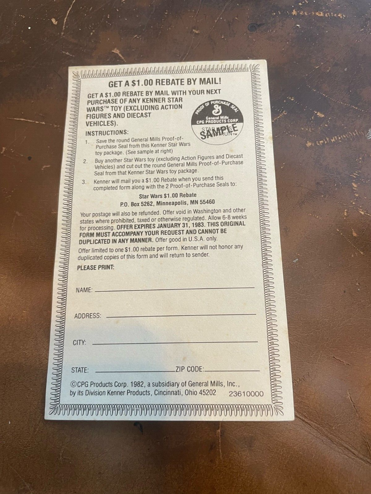 Vintage 1982 Kenner Star Wars Action Figure Rebate $1 Offer Form Paper Insert