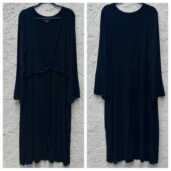 ELOQUII Dress Women Size 20 Wrap Tie Front Dress Midi Stretch Black