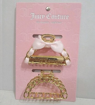 NEW JUICY COUTURE HAIR CLIPS Ribbon Bow Gold Pink 2 Set Metal Claw