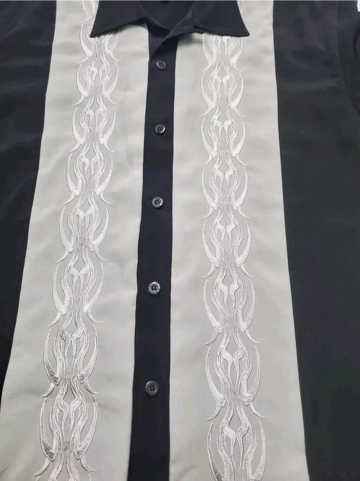 Dragonfly Shirt Mens Large Black Gray Tribal Embroidered Button Up Bowling Style - Image 3 of 4