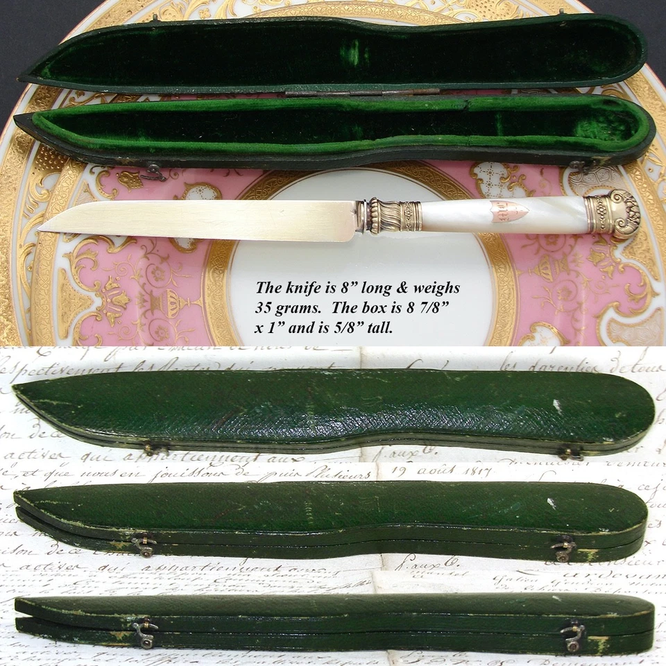 Antiguo cuchillo francés de plata de ley vermeil y madreperla, caja o estuche original Foto 4 de 4