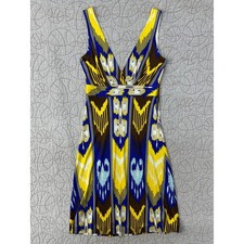 Tory Burch Dress Blue Yellow Ikat Silk V-Neck Sleeveless / Womens XS