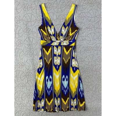 Tory Burch Dress Blue Yellow Ikat Silk V-Neck Sleeveless / Womens XS