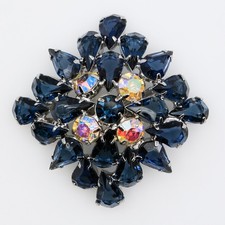 Vintage Large Domed Deep Blue  AB Rhinestones Starburst Brooch 1950s