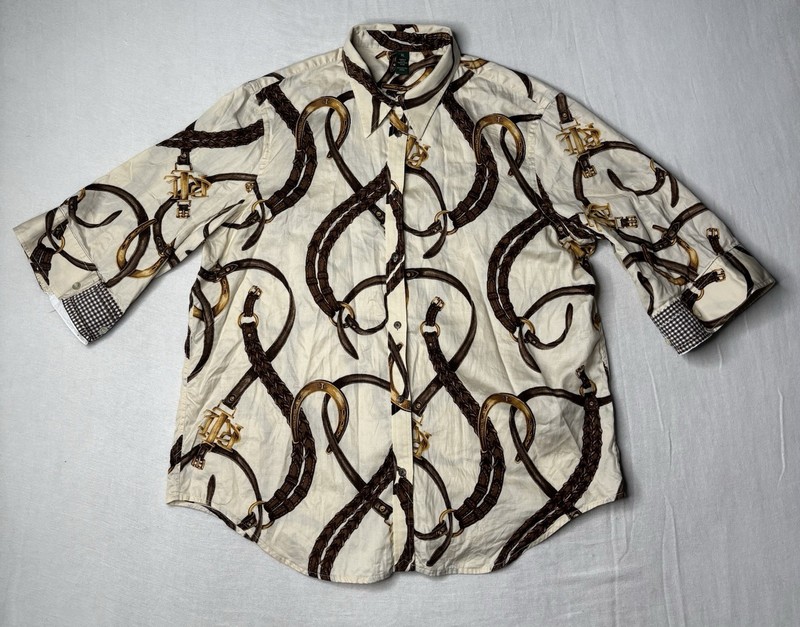 Ralph Lauren Shirt Horse Bit Bridle Equestrian Gold Blouse Button Up Women’s XL