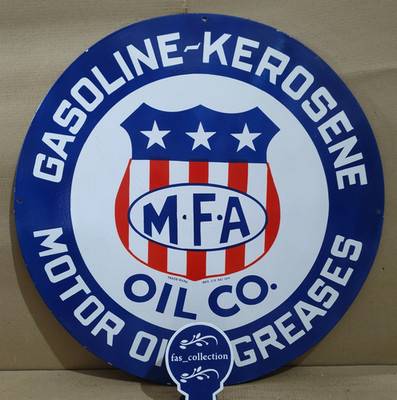 M.F.A  Gasoline Motor Oil porcelain Enamel Sign  30 x 30 Inches 1 Sided