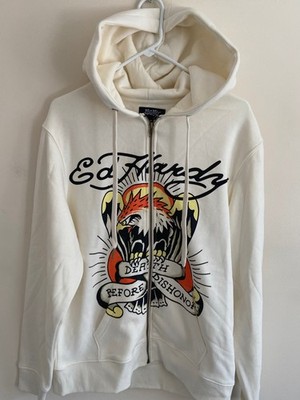 NEW Men's MEDIUM Ed Hardy Eagle Drawstring Fleece Full Zip Ivory White Hoodie