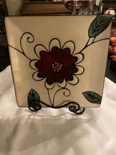 Parker & Jane 11" Square Dinner Plate Ceramic Stoneware Maroon Flower Decor