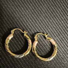Multi-Tone Gold tone Hoop Earrings with Textured Design, Yellow Rose White