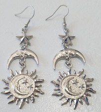 Sun, Moon  Stars shiney silver tone light dangle design earrings  