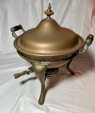Antique Copper Chafing Dish with Domed Lid on Brass Stand with Burner — listing 4