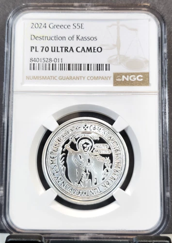 2024 GREECE SILVER 5 EURO DESTRUCTION OF KASSOS NGC PL 70 ULTRA CAMEO PERFECTION