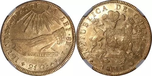 Chile 1836-So Republic Overstruck Gold 8 Escudos NGC AU-58 Mintage 27,000 RARE!!