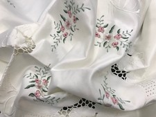 58'' Round Satin Fabric Embroidered Handmade Rosebud Embroidery Tablecloth Ivory
