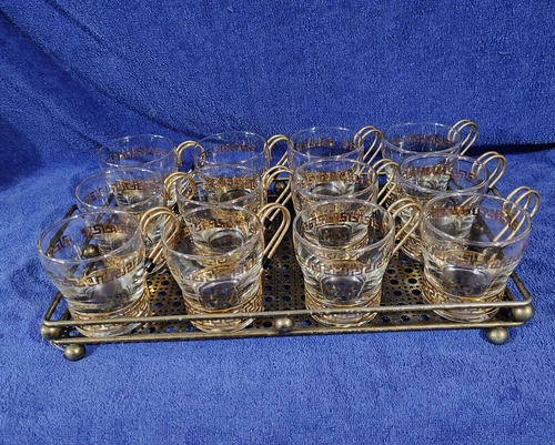 Vintage Libbey Glass Continental Coffee Tea Cups Gold Metal Greek Key - 12 cups