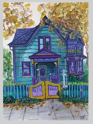 Green house Original Art Watercolor handmade 8x6'' Painting Stylized Artwork