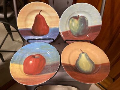 Vintage Macy s The Cellar Gold & White Ware Set of 4 Apple & Pear Plates 2001
