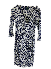 Lauren Ralph Lauren Faux Wrap Dress Ruched Blue White V-Neck Stretch Womens 4