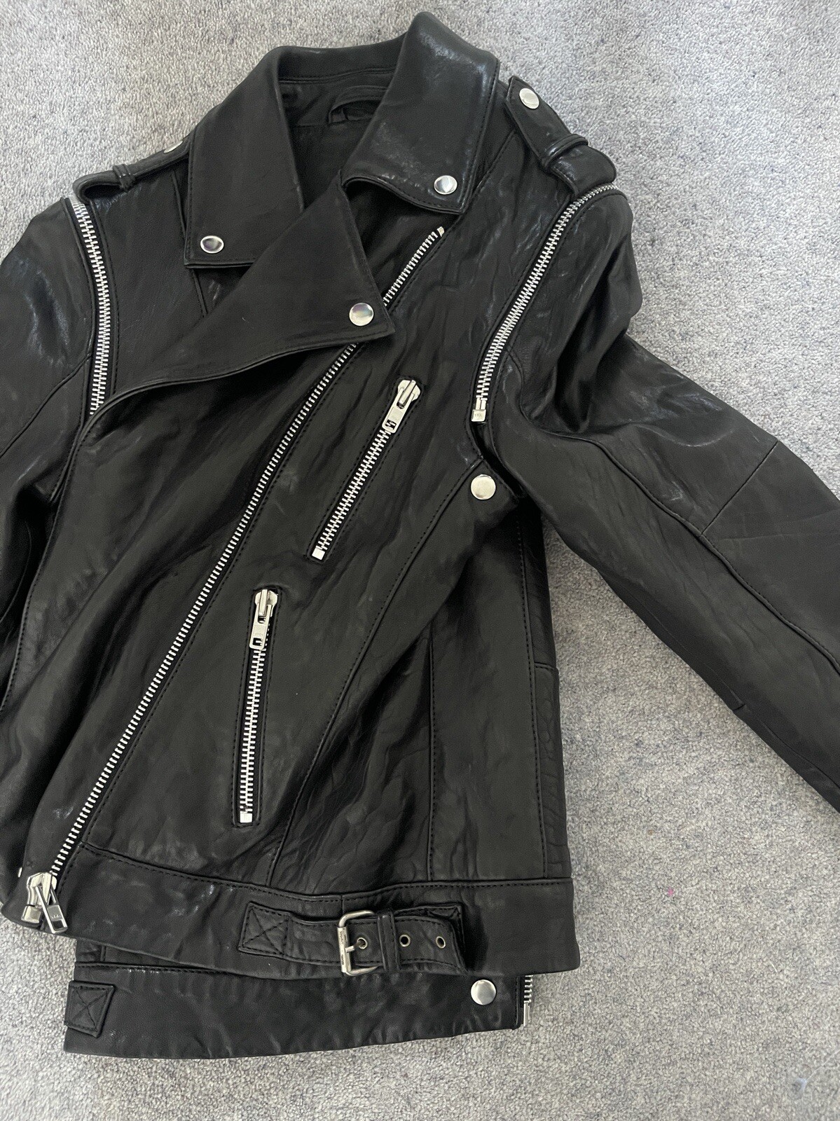 GESTUZ DESIGNER UK 10 EU 38 WOMENS BLACK GREY 100percent LEATHER BIKER JACKET COAT VGC image 5