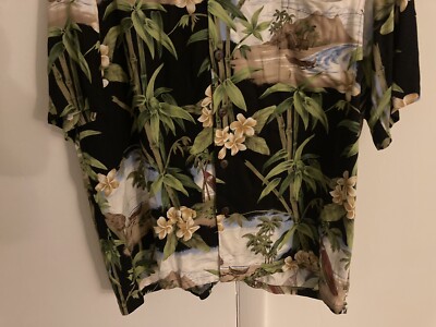 Hilo Hattie Black Rayon Men's Hawaiian Shirt Size XL Canoes Huts
