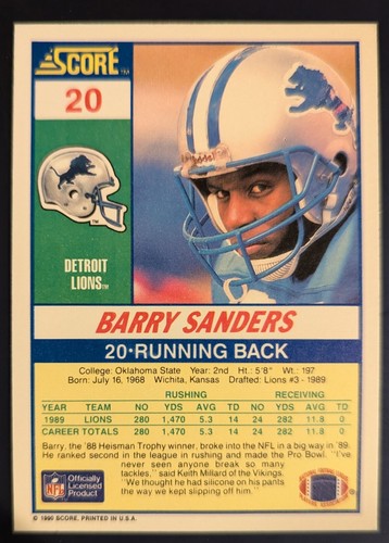 1990 Score Barry Sanders Football Card #20 NM-MT FREE SHIPPING - Picture 2 of 2