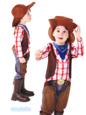 X-E1-3 Cowboy Child Western Jumpsuit Indian Boys Wild West Costume + Hat