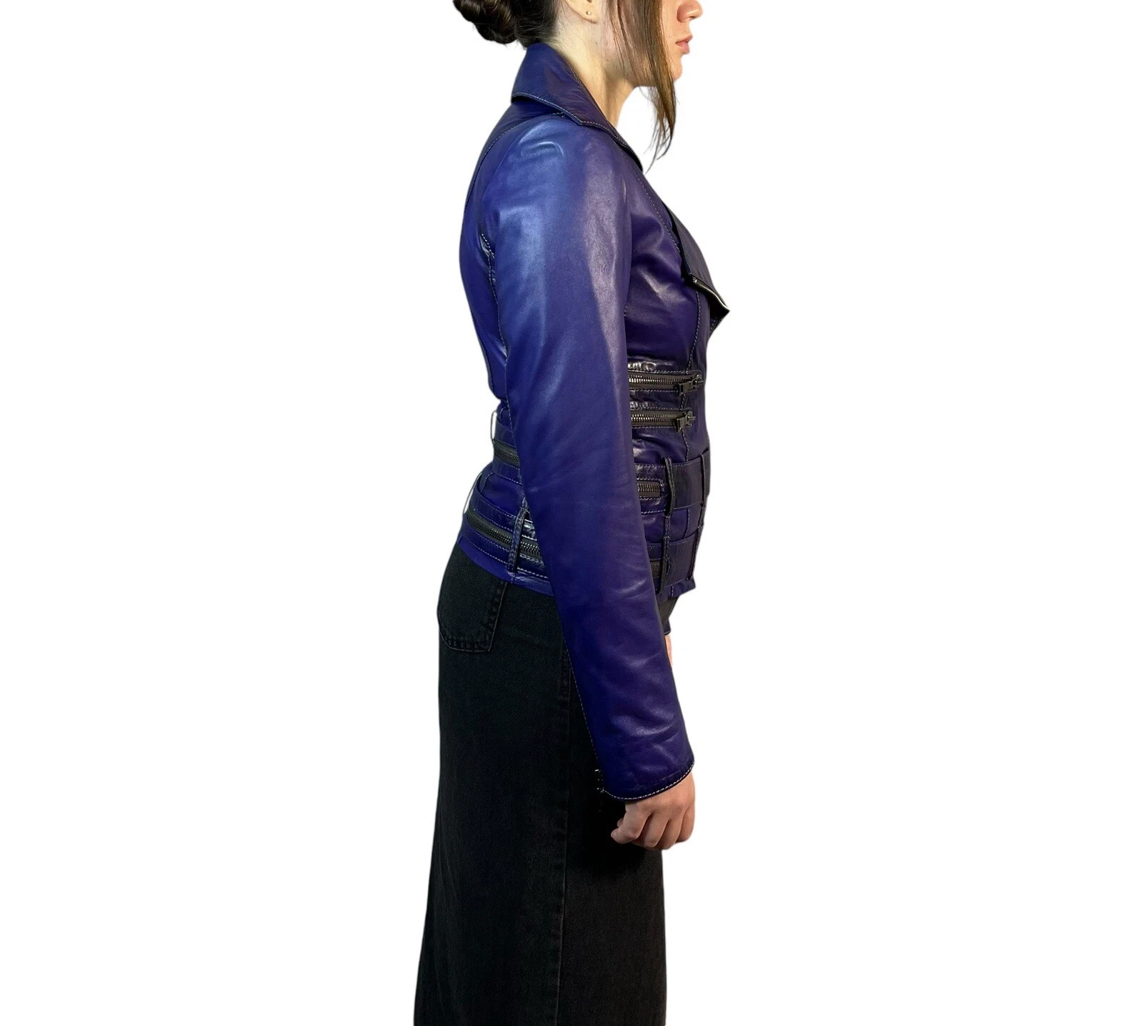 Giacca biker donna pelle Gucci vintage anni 80 full zip cintura zip viola taglia S