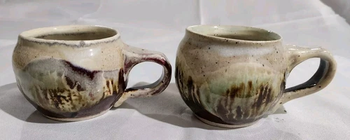 2 Drip Glaze Art Pottery Mugs Cups 2.75"T Brown/Green/Purple signed Fish Face