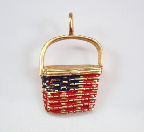 Vintage No Stone 14K Yellow Gold Plated Basket Charm Blue and Red Enamel Pendant - Afbeelding 1 van 6