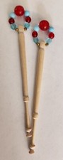 Set of 2 Carved Wood Spangled Lace Bobbins with Glass Beads